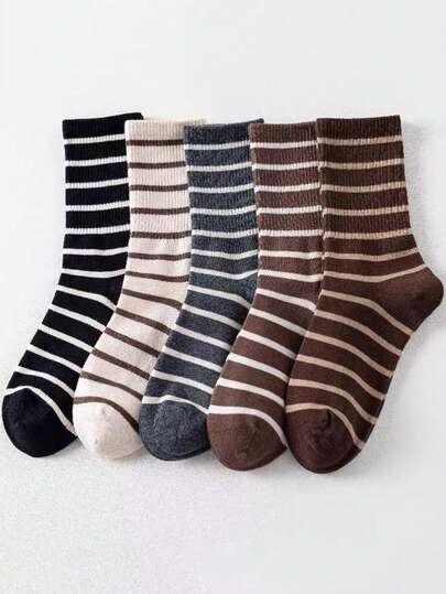 Conjunto de 5 pares de meias femininas listradas sortidas, casuais, versáteis, estilosas e universitárias, até a metade da panturrilha, para primavera/outono.