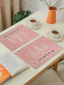 1/4/6/8/12pcs Pink Christmas Tree Print Placemats, Cute Pink Merry Christmas Placemats, Christmas Tree Elements, Washable Placemats, Suitable For Holiday Kitchen Table Decoration Settings, 12.6x16.5inch