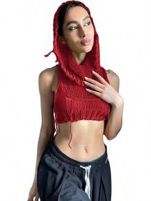 Women Knitted Hoodie Sweater Vest Sleeveless Hollow Out Hooded Crop Top Streetwear Rave Oufit - 紅色 - 查看 3