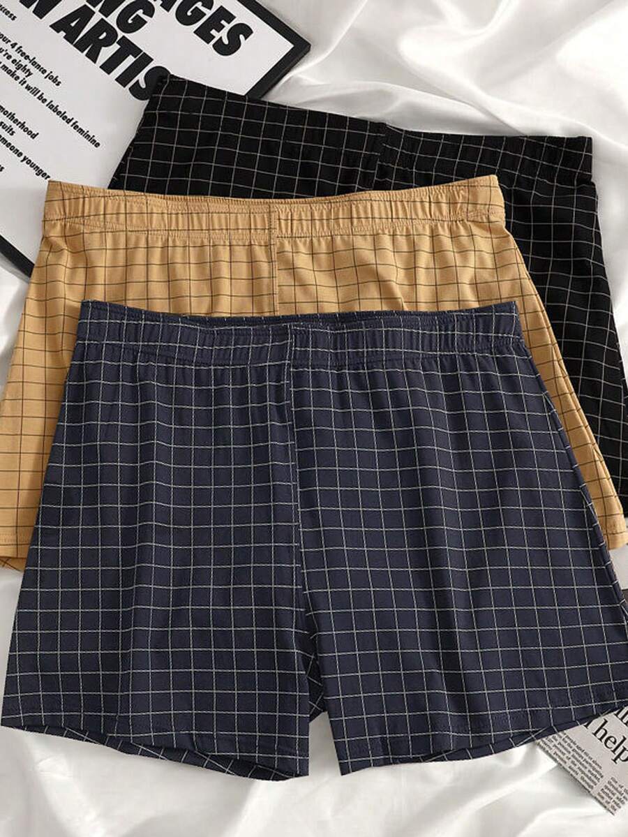 3 pièces/set Short de détente aéré et doux à rayures, caleçons boxeurs de couleur unie respirants pour hommes (noir, bleu, jaune), convient pour le port extérieur - Multicolore - Voir 1