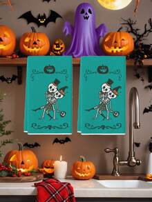 2 chiếc khăn lau bếp hình ma ca rô đen trắng màu nước hình ma quỷ, mũ phù thủy, mèo, đèn lồng bí ngô, dơi, mạng nhện, đầu lâu, kẹo, khăn lau bếp kiểu nông trại, khăn lau bát đĩa nhà bếp, khăn lau tay, khăn lau trà, khăn lau khô bát đĩa nhà bếp, đồ dùng tiệc ngày lễ, quà tặng tân gia, phòng tắm, thích hợp cho nhà bếp, phòng ăn, bàn ăn - Màu xanh lam - Xem 3