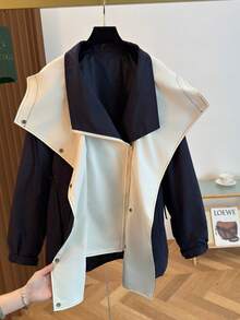 女士秋冬夹克，时尚拼接大翻领连帽设计，抽绳腰部，高品质时尚百搭外套风衣