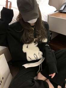 女士宽松蓬松3D兔毛毛衣，秋冬 - 黑色 - 查看 6