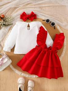 2pcs Baby Girls Cute Floral Ruffle Collar Long Sleeve Top And Pinafore Dress Set, Suitable For Autumn/Winter Holiday Events - Red - View 2