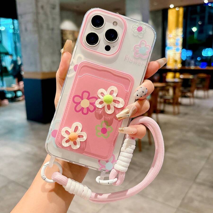 Ốp lưng điện thoại có dây đeo thẻ hình hoa 3D nhiều màu sắc tương thích với iPhone 16 Pro Max/15 Pro Max, New 11, 12, Creative 14 Pro/13, Ốp lưng bảo vệ mềm, Bao gồm tất cả, Nữ, Mùa hè - Hồng - Xem 1