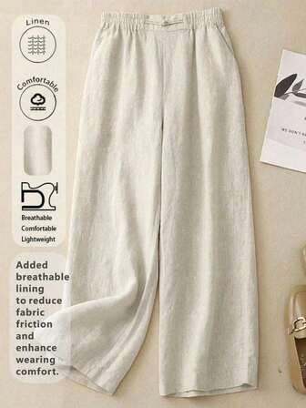Pantalones largos de lino cómodos, casuales y transpirables con cintura elástica, diseñados para primavera, verano y otoño. Los pantalones tienen decoraciones de botones cosidos a mano.