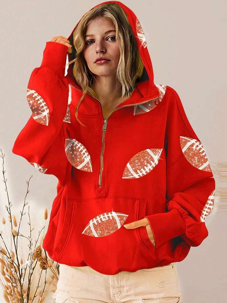 Womens Game Day Sweatshirts Football Sequin Hoodies Tailgate Outfits Long Sleeve Zipper Sweaters With Pocket - 紅色 - 查看 1