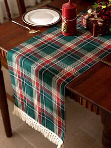 1pc Red & Green Plaid Tassel Trim Christmas Table Runner, Christmas Party Decor Table Runner, Suitable For Winter Christmas Party Home Table Decoration