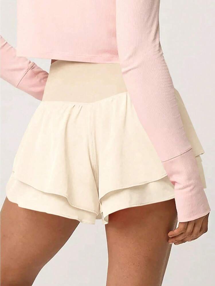 Fisoew Absorbs Sweat Breathable High Waisted Sports Shorts Sweater Shorts Sleek Style Ruffle Tiered Running Shorts With Built In Shorts Y2K Tennis Workout Shorts Clean Girl Coquette Aesthetic Summer Streetwear - 米色 - 查看 4