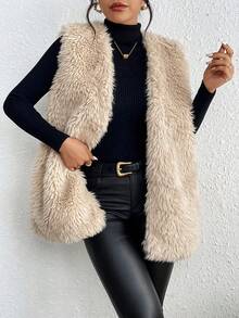 女式秋季斜口袋前开无袖背心夹克外套，秋冬服装 - 杏色 - 查看 5