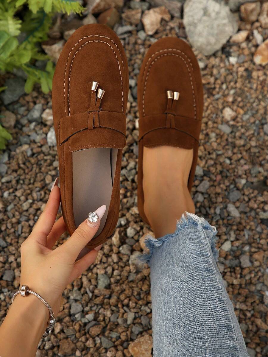 女士金属扣装饰软底休闲绒面平底鞋，春秋季，乐福鞋 - 棕色 - 查看 1