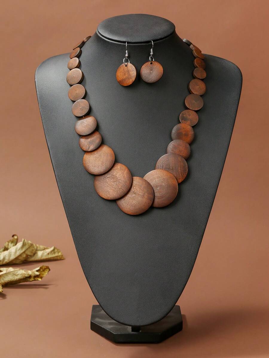 3pcs/Set Bohemian Style Round Pendant Necklace & Earrings Jewelry Set, Suitable For Women's Daily Wear