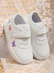 1双儿童男女通用多功能魔术贴休闲白色运动鞋，舒适透气卡通刺绣平底学生鞋，时尚校园风运动鞋 - 白色 - 查看 2