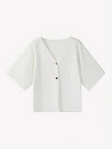 Elegaris Áo khoác cardigan dệt kim tay ngắn cổ chữ V mới cho mùa Xuân/Hè của FOR BEAUTY, thời trang và thanh lịch, đa năng cho công sở, kiểu dáng tối giản phù hợp cho các dịp thường nhật, đi làm và hẹn hò. Màu trắng. - trắng - Xem 5