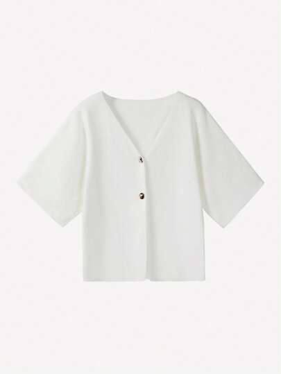 FOR BEAUTY New Spring And Summer White V-Neck Short-Sleeve Knitted Cardigan, Stylish And Elegant With A Refined Charm. Versatile For Daily Wear Casual