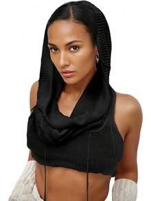 Women Knitted Hoodie Sweater Vest Sleeveless Hollow Out Hooded Crop Top Streetwear Rave Oufit - 黑色 - 查看 5