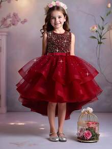 女童无袖圆领亮片蝴蝶结薄纱拖尾蓬蓬裙，优雅大方，适合婚礼和派对穿着，不含头饰 - 酒紅色 - 查看 4