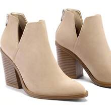 Women's Slip-On Ankle Boots – Cutout Pointed Toe Chunky Mid Heel Booties For Casual, Work & Daily Wear - khỏa thân - Xem 3