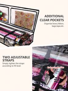 1个透明礼品包装纸收纳袋，带提手和拉链，可折叠防水礼品整理袋，黑色包边床底收纳袋，适用于各种尺寸的包装纸，透明PVC盒式容器，感恩节和圣诞节节日包装纸收纳袋