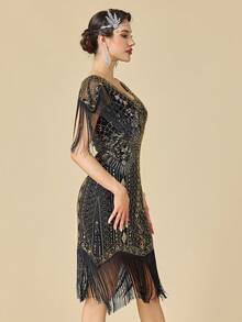 1920s Great Gatsby Dresses For Women, Vintage Long Fringe Dress Roaring 20s Sequins Beaded Dress - Gold - View 6