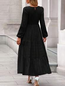 Womens Long Sleeve Fall Dresses Casual Crew Neck Smocked High Waist Tiered Flowy Maxi Dress With Pockets - 黑色 - 查看 2