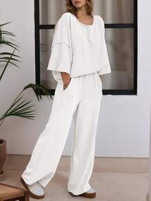 Fisoew Women Two Piece Lounge Set Casual 34 Sleeve Tunic Top And Wide Leg Pants Cozy Fall Outfits Y2K Matching Sets Soft Travel Loungewear Breathable Jogger Suit - 白色 - 查看 1