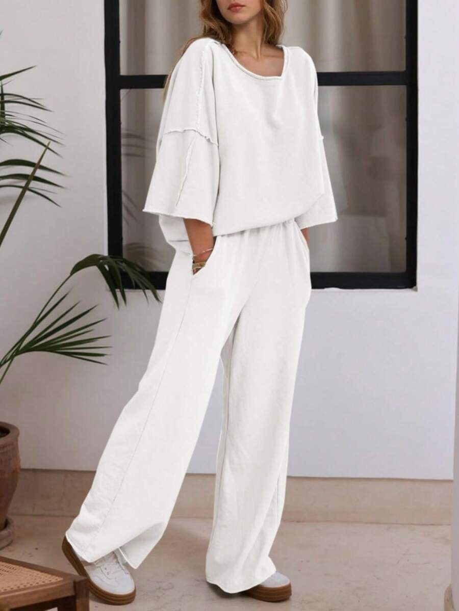 Fisoew Women Two Piece Lounge Set Casual 34 Sleeve Tunic Top And Wide Leg Pants Cozy Fall Outfits Y2K Matching Sets Soft Travel Loungewear Breathable Jogger Suit - 白色 - 查看 1