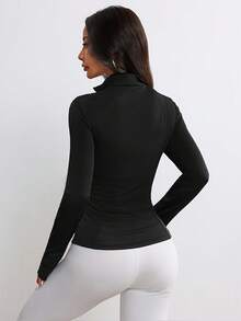 Plus Size Women Solid Color Long Sleeve Thumb Hole Tight Zipper Yoga Jacket, Outdoor Cycling Outerwear With Pockets, Running Workout Sports Coat