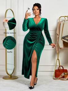 BIUBIU Women's Autumn/Winter Fashion Party Dress, V-Neck, Long Sleeve, Waist Cinched, Crossover Ruffle Hem Slit, Solid Color Velvet Mid-Length Dress