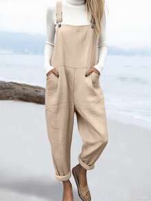 女士秋季服装，休闲度假百搭纯色背带裤，带肩带，居家度假皆宜。 - 卡其 - 查看 2