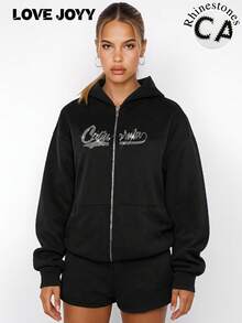 女士休闲原宿风水钻印花拉链连帽卫衣，适合秋冬季穿着 - 黑色 - 查看 1