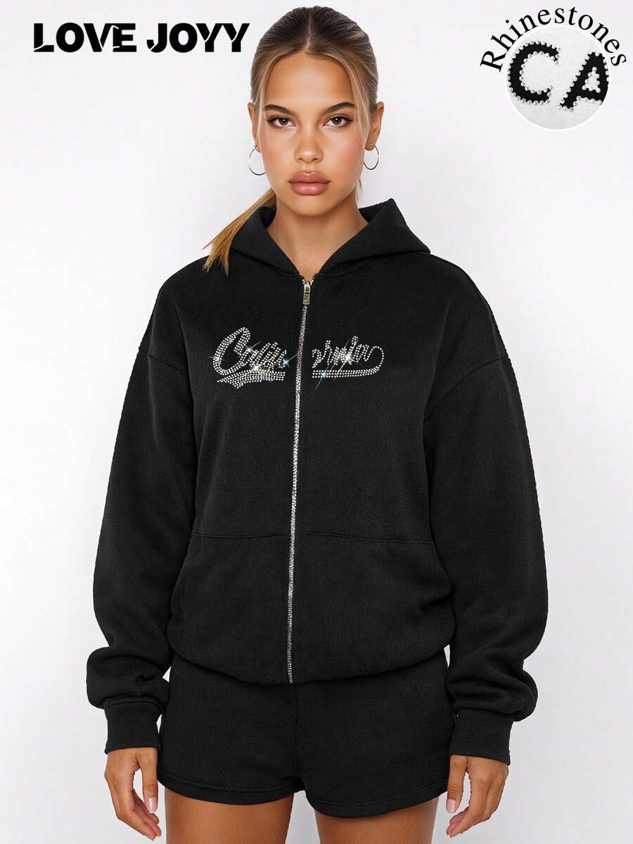 女士休闲原宿风水钻印花拉链连帽卫衣，适合秋冬季穿着 - 黑色 - 查看 1