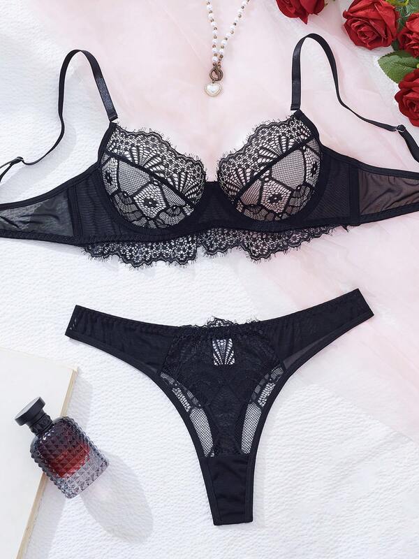 2pcs Mature & Elegant Women's Sexy Lingerie Set, Lace Cup & Eyelash Design, Semi-Sheer, Ruched & Wavy Details, Baddie Look