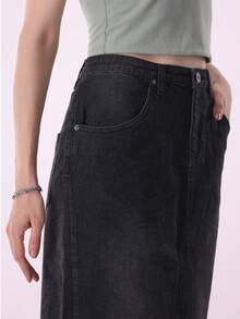 Sariyo's Women's Denim Skirt | Western Style For Work & Daily Wear | Easygoing Style | Everyday Fashion  Plain    Elegant  Casual    Zipper  Pocket  Button    Dating  Night Out  Vacation - 黑色 - 查看 1