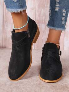 Western Style Side Zipper Buckle Ankle Boots