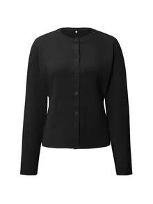 Live To Mo Fspring Break Outfits Black Top Cardigan With Long Sleeves And Buttons, Casual Y2K Style. Perfect For Valentine's Day, Going Out Tops Women And Daily Wear. - Black - View 3
