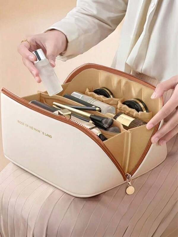 Bolsa de cosméticos de piel sintética impermeable, bolsa de almacenamiento multifuncional para viajes, bolsa de cosméticos de gran capacidad con doble capa, organización y almacenamiento de cosméticos, bolsa de almacenamiento de cosméticos, bolsa de cuidado de la piel, artículos esenciales para la universidad, artículos esenciales para vacaciones, bolsa de viaje para mujeres, bolsa de maquillaje, organizador de maquillaje