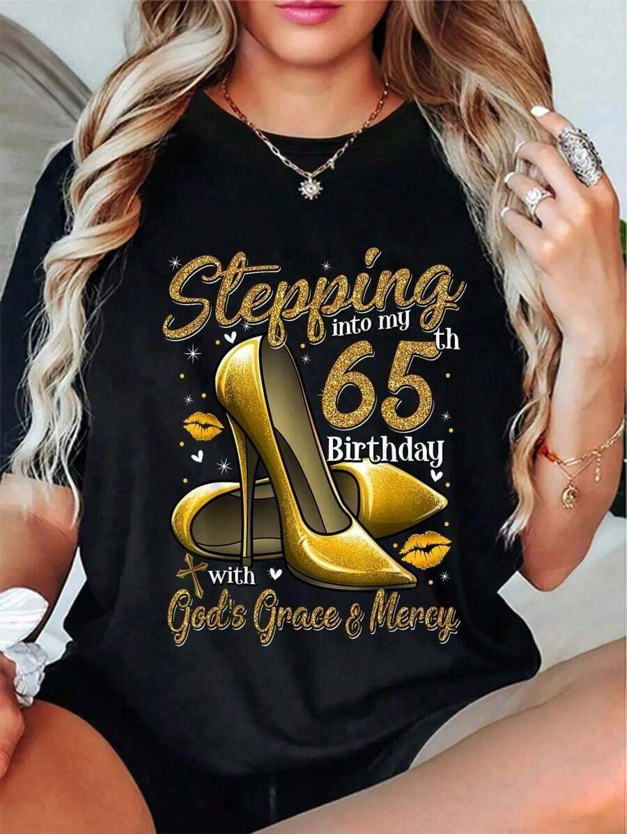 % Cotton Casual Tshirt High Heels Stepping Into My 65th Birthday 65 And Fabulous-Shirt Graphic Tees Women Crop Tops Summer Outfits Women Summer Tops-Shirt - màu đen - Xem 1