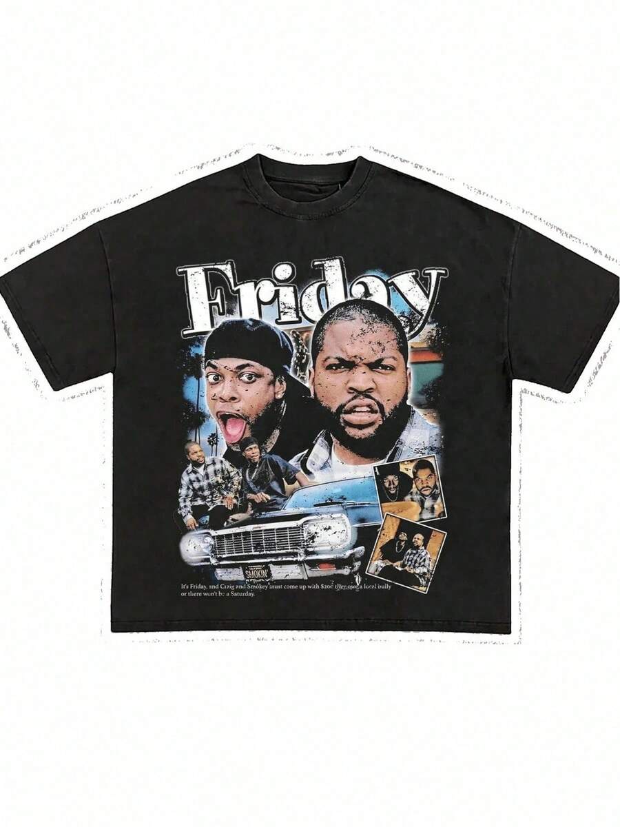 Featuring Movie Scene Collage,Casual Print Cotton 220 Grams Heavyweight Print T-Shirt,Summer - 黑色 - 查看 1