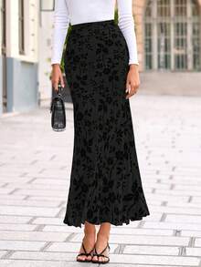 Women Elegant Floral Mesh Elastic High Waist Boho Mermaid Midi Skirt Spring Fall Autumn Holiday Party Club Wedding Guest Cocktail Valentine Outfits - 黑色 - 查看 3