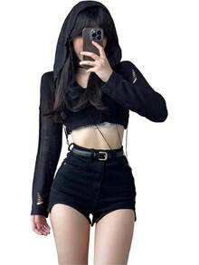 Women Knitted Hoodie Sweater Vest Sleeveless Hollow Out Hooded Crop Top Streetwear Rave Oufit - X黑色長袖 - 查看 5