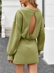 Women Long Sleeve Active Dress Backless Keyhole Workout Dress With Built In Shorts Oversized Athletic Skort Dress Tennis Core Aesthetic Gym To Street Fashion Tummy Control 2024 Sporty Dresses - 軍綠色 - 查看 2
