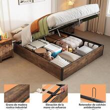 Base De Cama Elevadora Hidráulica Queen Size Almacenamiento, estructura funcional con sistema hidráulico, amplio espacio de almacenaje, diseño robusto y de fácil acceso. - Marrón - Ver 6