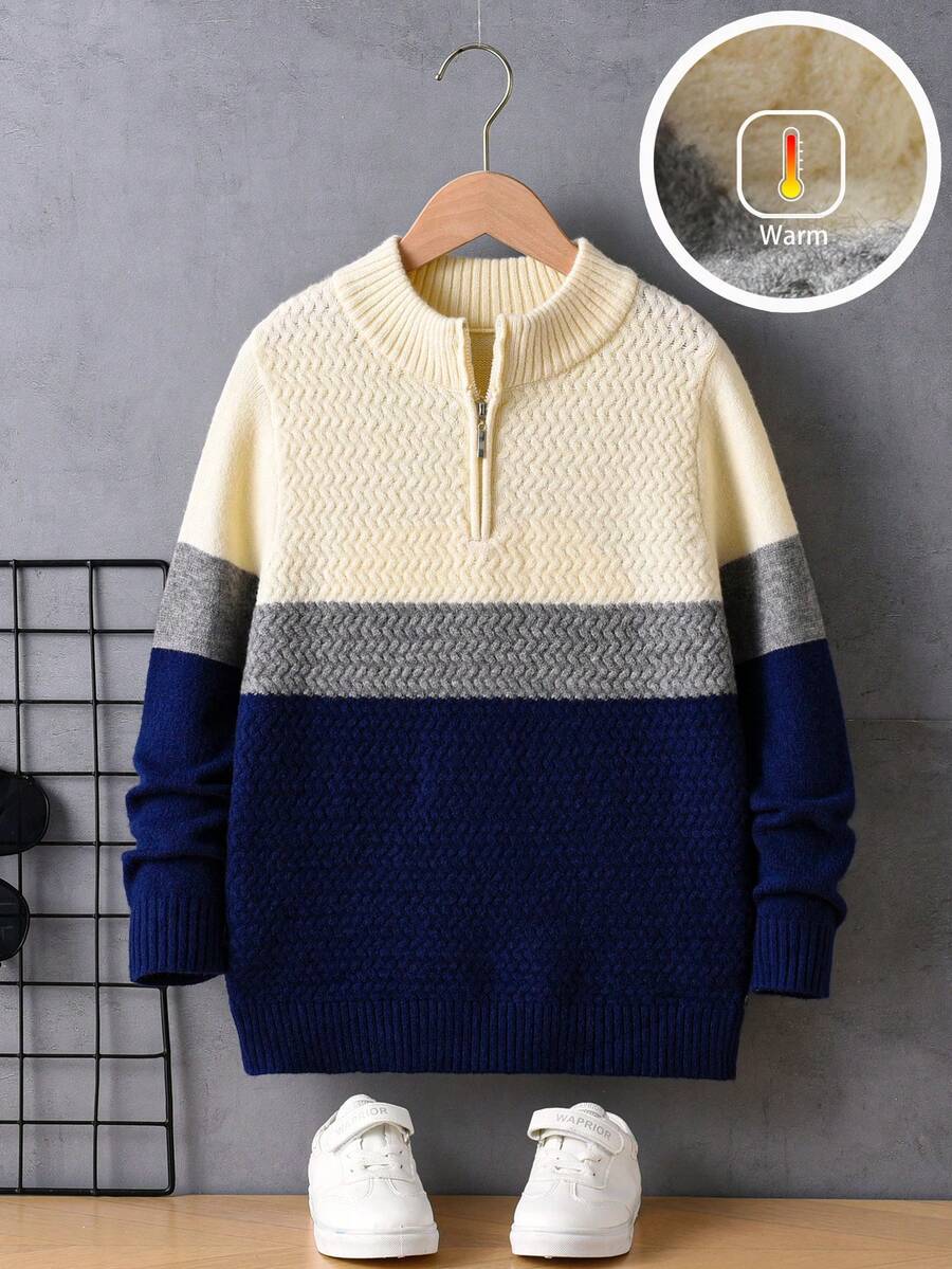 Tween Boys' Collegiate Striped Half-Zip Sweater, Small Stand Collar Knit Pullover Long Sleeve, Suitable For School, Everyday Wear, Spring, Autumn, Winter