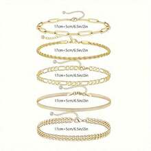 5pcs Bohemian Minimalist Hand Jewelry  Metal Chain Set Multi-Layered Chain Minimalist Bracelet For Women - Yellow Gold - View 4