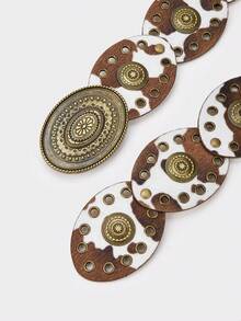 1 件牛仔风格镂空铆钉牛印花腰带，波西米亚西部牛仔女孩腰带，厚实复古椭圆形腰带，礼服配饰，适合派对、海滩、音乐节 - A - 查看 2