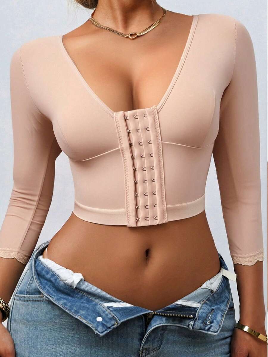 1pc Compression Shaper Tops For Women Lace Sleeves Slimming Arm Shaper Front Closure Bra Tank Top Shapewear - Apricot - View 1