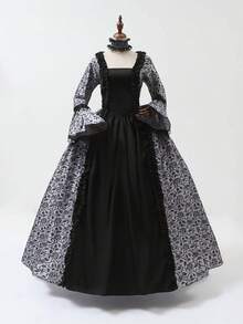 New Vintage Palace Style Printed Long Dress, Victorian Costume Performance Dress Halloween Costumes