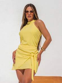 Conjunto Saia Curta Amarar e Blusa Frente Unica Gola Alta Tecido Plano Verão Co=res Candy REF: Franciele