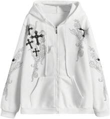 Women Men Y2K Zip Up Oversized Hoodie Gothic Graphic Emo Grunge Baggy Fleece 90s Punk Streetwear - 深灰色 - 查看 6